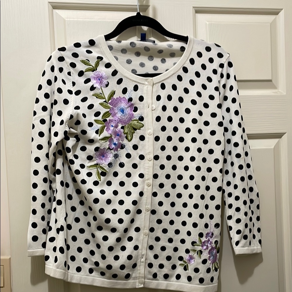 Talbots Polka Dot Cardigan with Lavender Floral Embroidery (sz m)